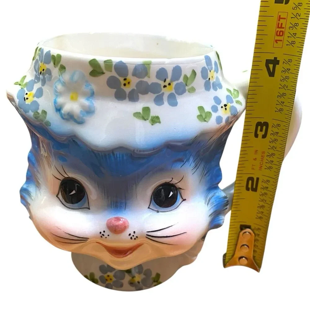 Vintage 1950s Lefton Miss Priss Blue Kitty Cat Kitsch Teapot Japan Made & 2 Cups